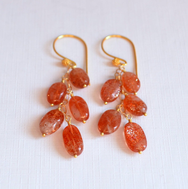Long Sunstone Earrings with Burnt Orange Gemstones