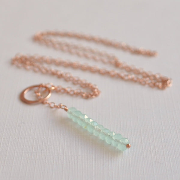 Rose Gold Lariat Necklace, Aqua Chalcedony Gemstone