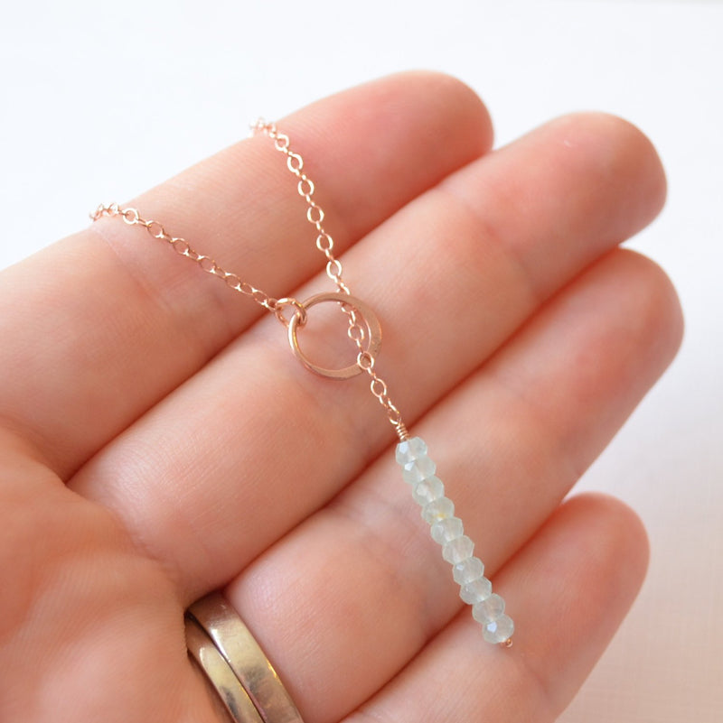 Rose Gold Lariat Necklace, Aqua Chalcedony Gemstone