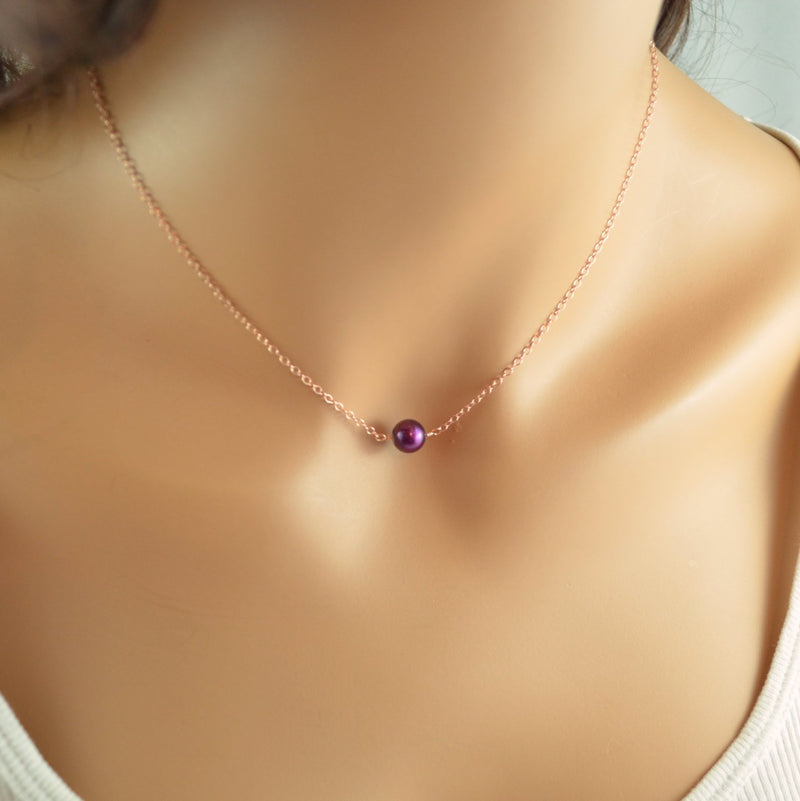 Rose Gold Choker Necklace with Real Freshwater Pearl in Mulberry Wine Burgundy