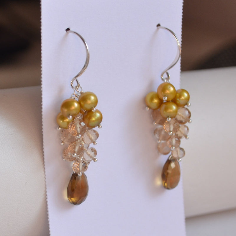 Gold Cluster Earrings and Real Freshwater Pearls