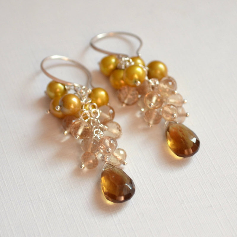 Gold Cluster Earrings and Real Freshwater Pearls