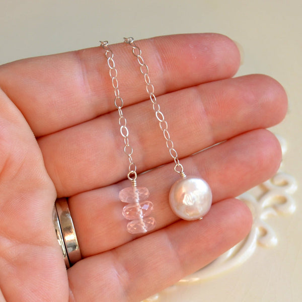 Rose Quartz Lariat Necklace, Coin Pearl