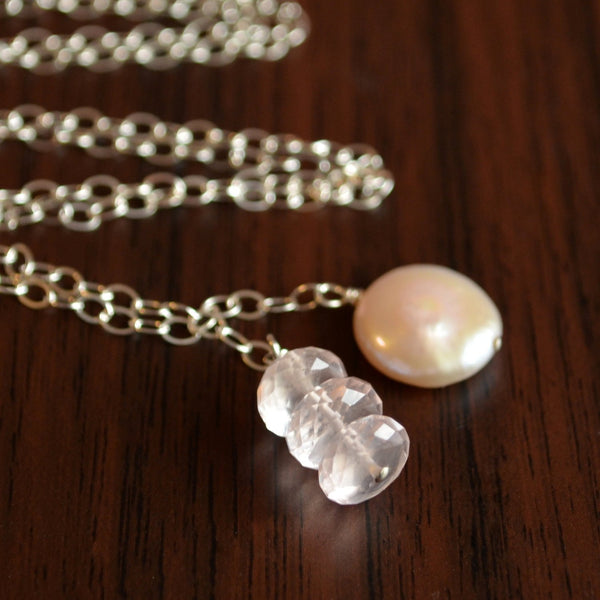 Rose Quartz Lariat Necklace, Coin Pearl