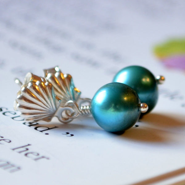 Teal Pearl Dangle Earrings with Seashell Posts