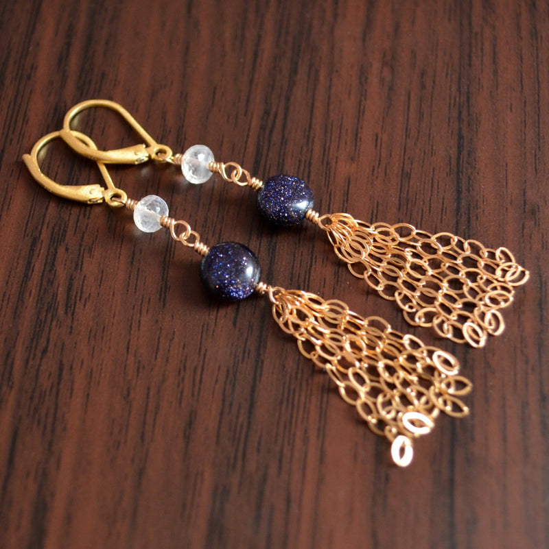 Long Gold Tassel Earrings and Moonstone Gems