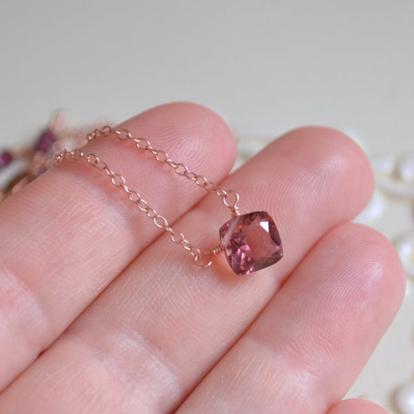 Simple Rose Gold Necklace, Plum Colored Quartz