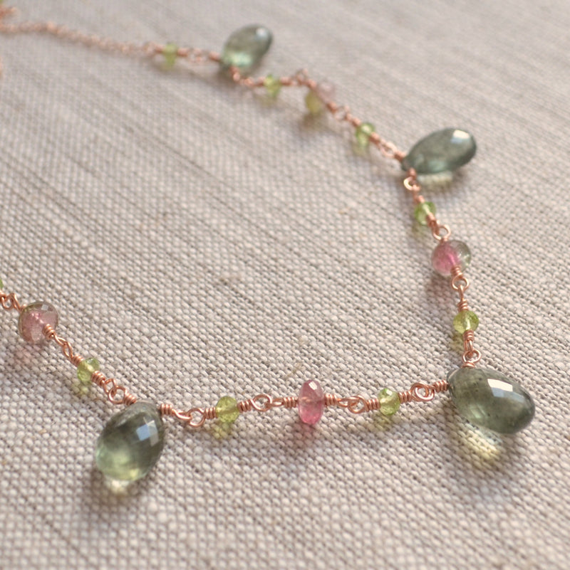 Spring Wedding Necklace with Moss Aquamarine and Watermelon Tourmaline - Spring Moss
