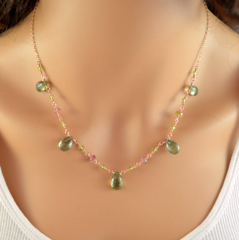 Spring Wedding Necklace with Moss Aquamarine and Watermelon Tourmaline - Spring Moss