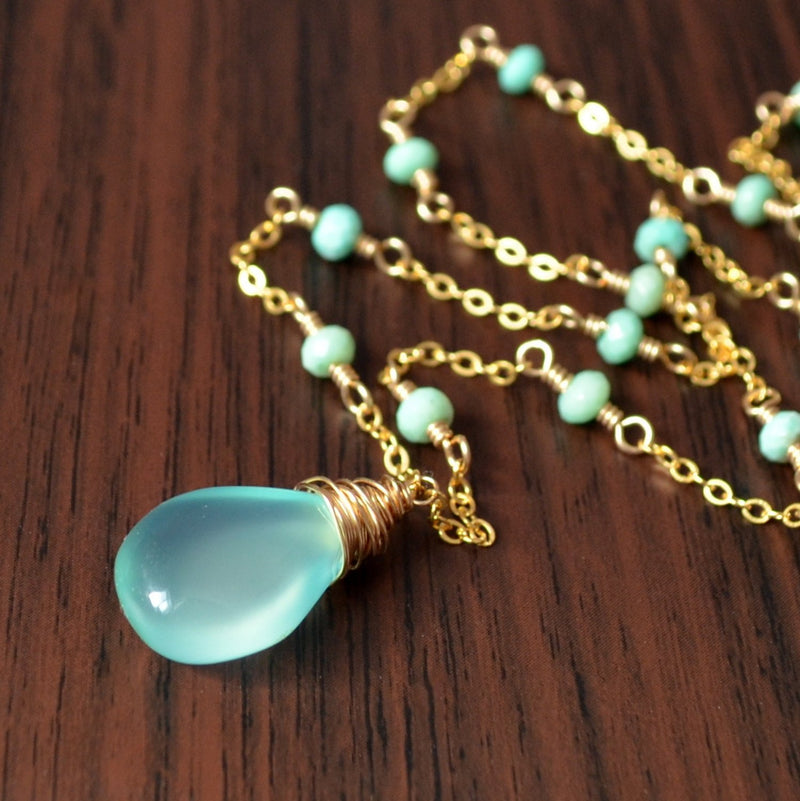 Chrysoprase Necklace with Aqua Chalcedony Pendant