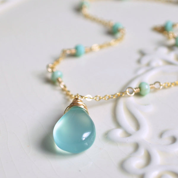 Chrysoprase Necklace with Aqua Chalcedony Pendant