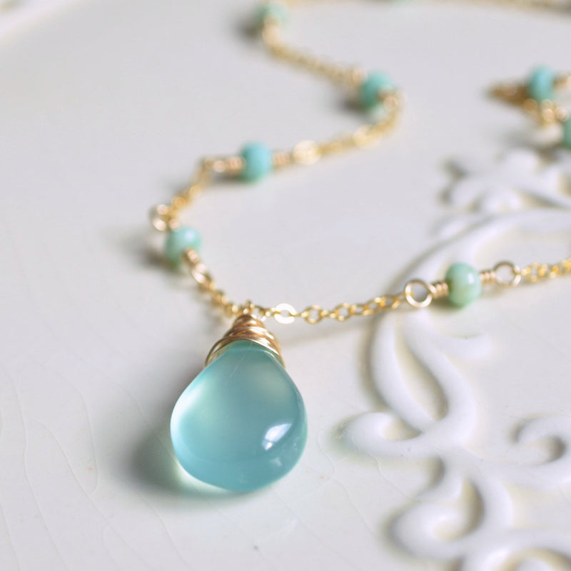 Chrysoprase Necklace with Aqua Chalcedony Pendant