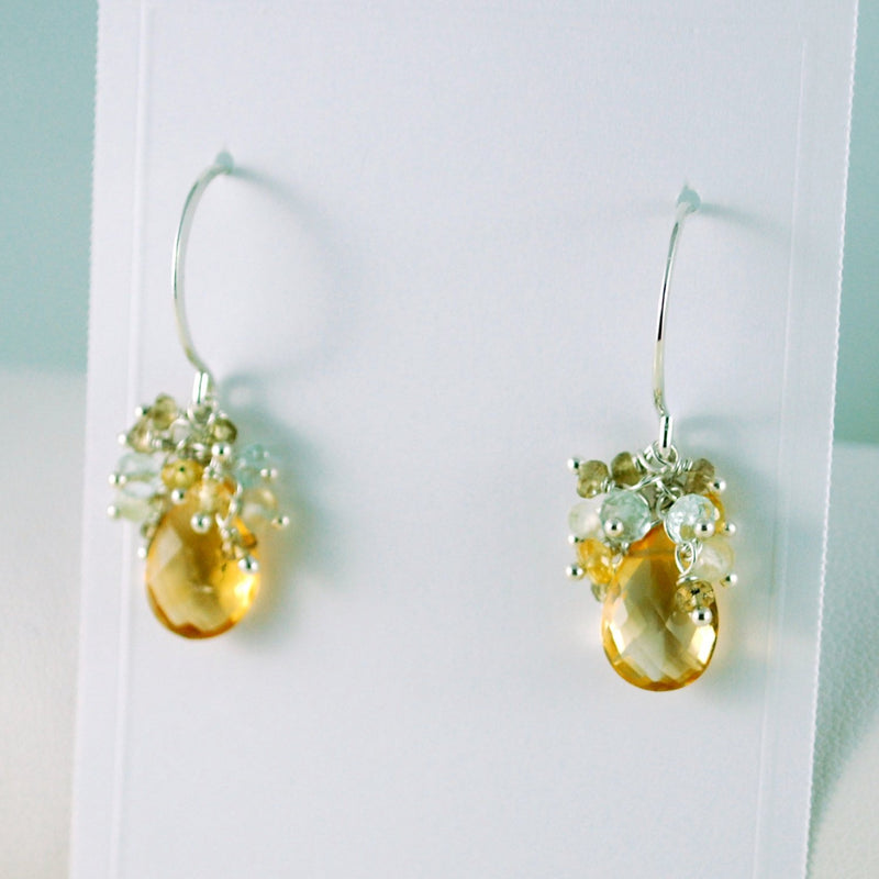 Citrine Earrings with Genuine Sapphires and Prehnite Aquamarine Gemstone