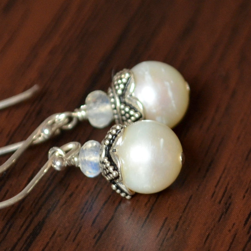 Pearl Bridal Earrings with Rainbow Moonstone - Elegance