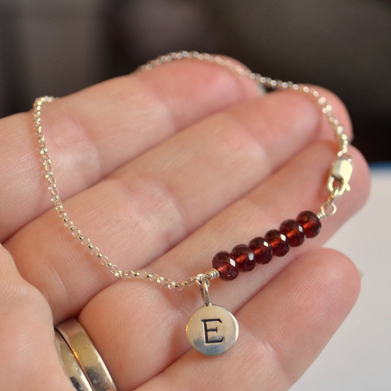 Garnet Bracelet for Tween Girls with Initial Charm