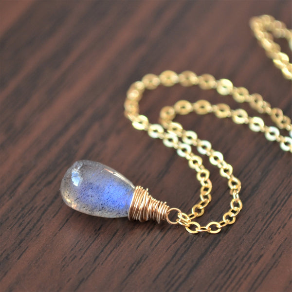 Simple Labradorite Teardrop Necklace in Gold