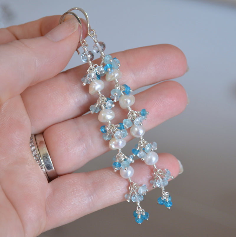Long Pearl and Blue Topaz Cluster Earrings - Frosty Trail