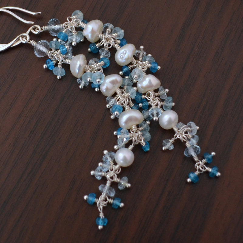 Long Pearl and Blue Topaz Cluster Earrings - Frosty Trail