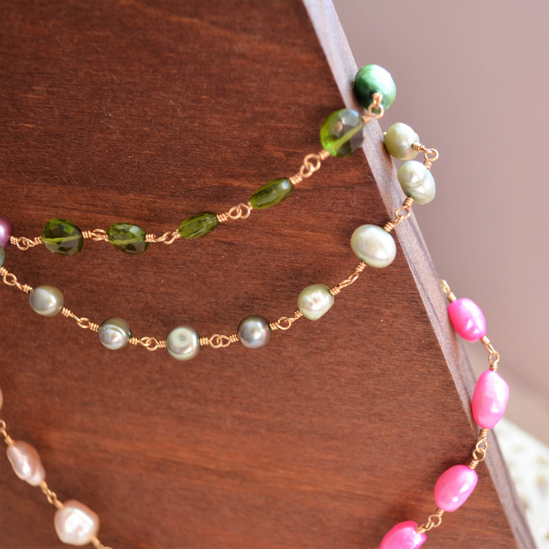 Long Pink and Green Pearl Necklace - Changing Spring