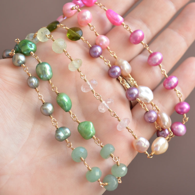 Long Pink and Green Pearl Necklace - Changing Spring
