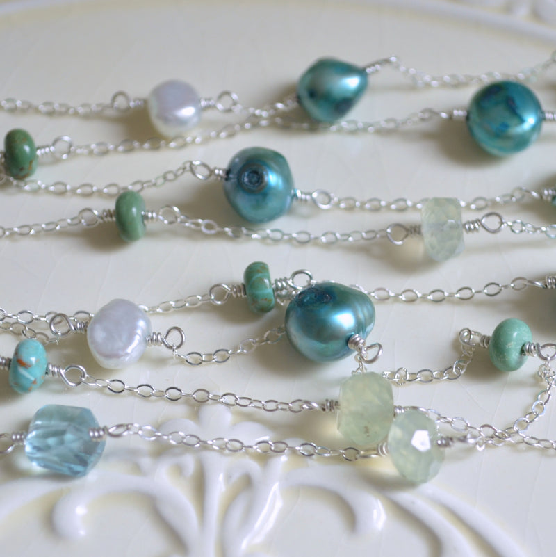 Long Wrap Necklace in Silver with Blue Topaz and Turquoise