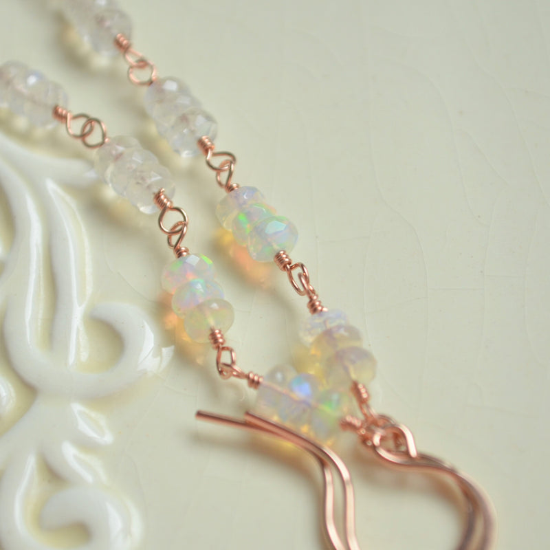 Long Opal Earrings in Rose Gold with Moonstones and Quartz
