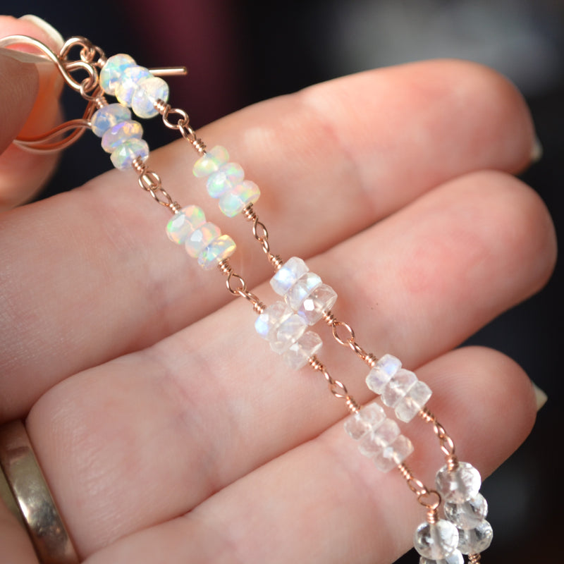 Long Opal Earrings in Rose Gold with Moonstones and Quartz