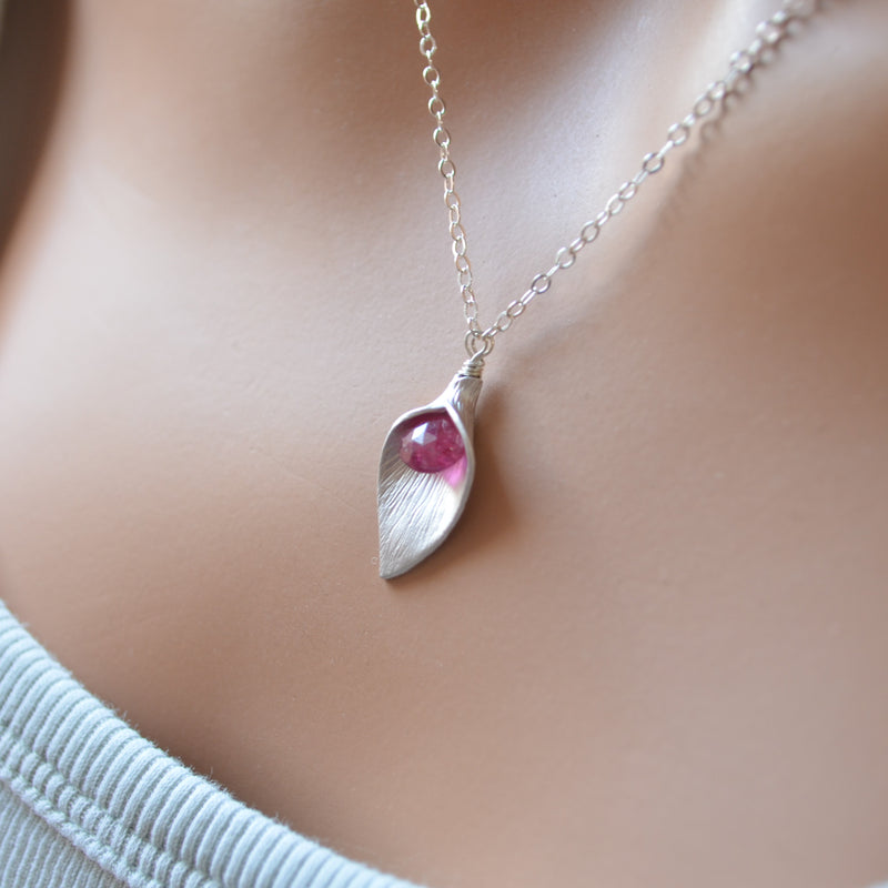 Calla Lily Necklace with Pink Tourmaline