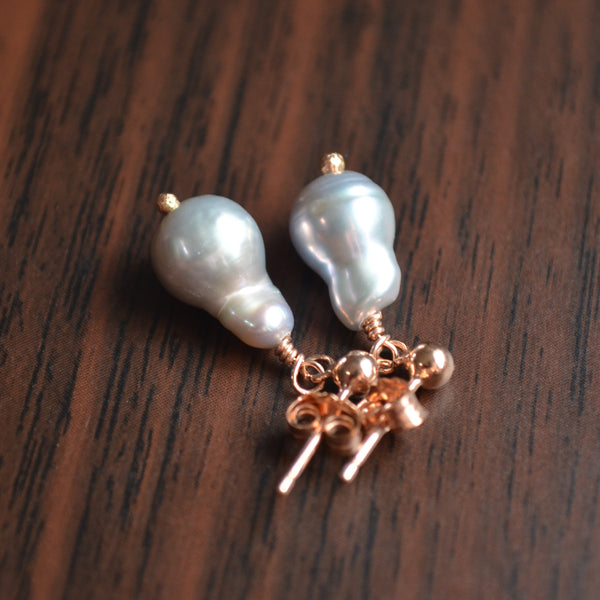 Silver Akoya Drop Pearl Earrings in Rose Gold
