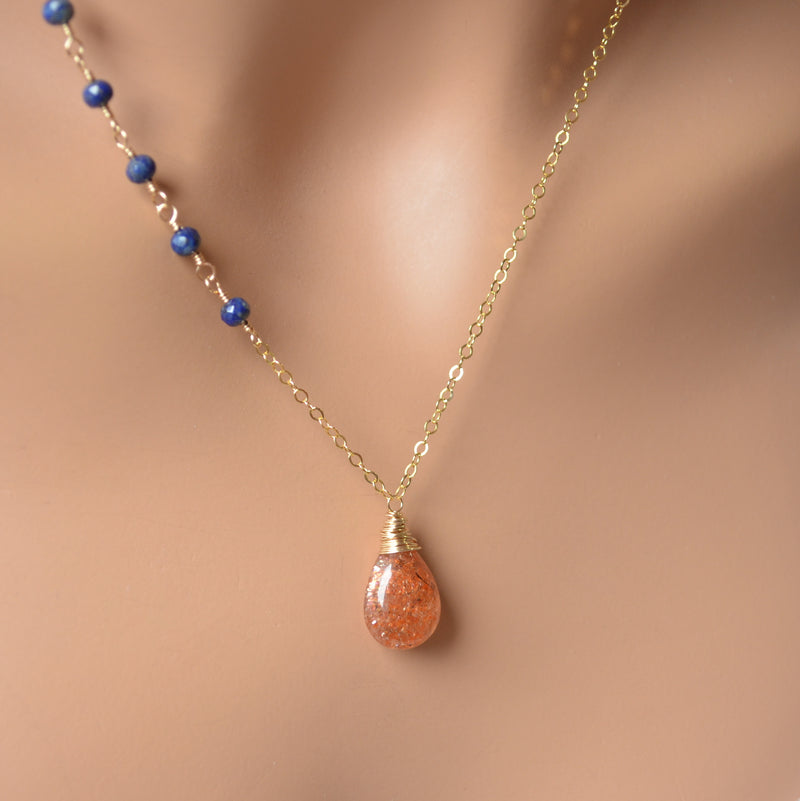 Burnt Orange Sunstone Necklace with Lapis Lazuli