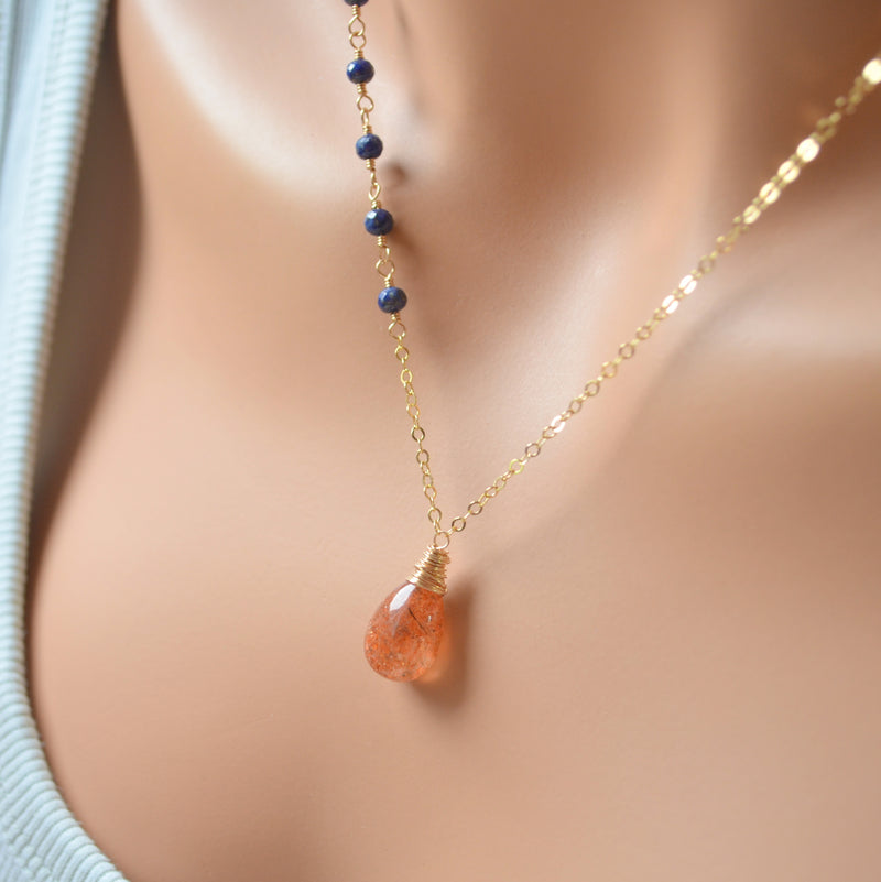 Burnt Orange Sunstone Necklace with Lapis Lazuli
