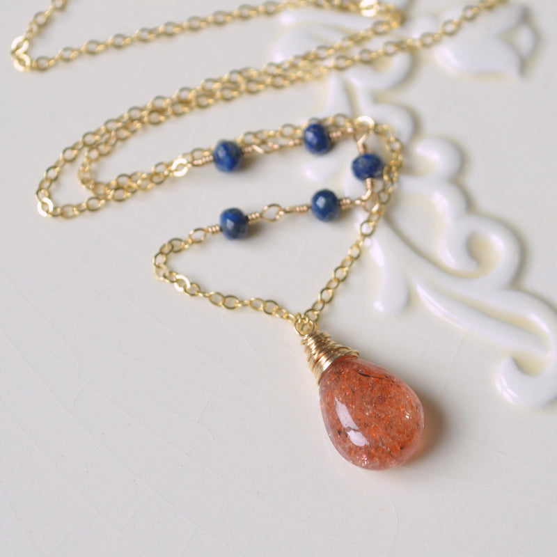Burnt Orange Sunstone Necklace with Lapis Lazuli