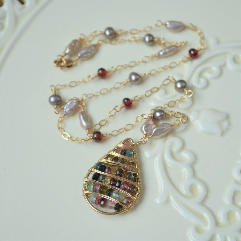 Gold Pendant Necklace with Tourmaline, Garnet and Pearls