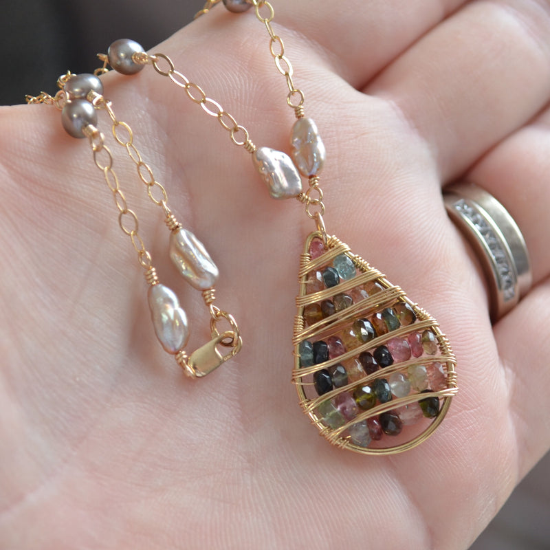 Gold Pendant Necklace with Tourmaline, Garnet and Pearls